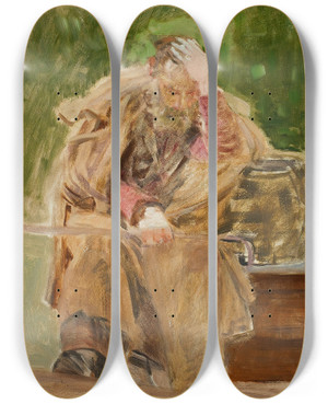 Triptych art skateboard deck of Jacek Malczewski Old Man At A Water Well by Jacek Malczewski (1854-1929)