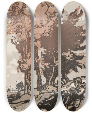 Triptych art skateboard deck of Auguste Louis Lepre The Resting Place by Auguste Louis Lepere (1849-1918)