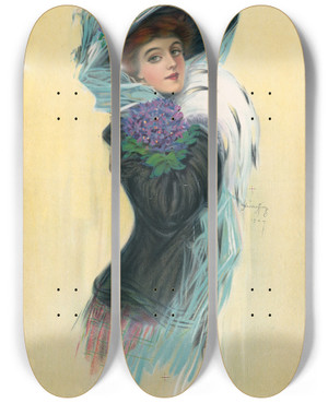 Triptych art skateboard deck of Hamilton King Violet by Hamilton King (1871-1941)