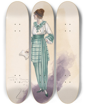 Triptych art skateboard deck of Will R Barnes Womans Costume Design by Will R Barnes (1939)