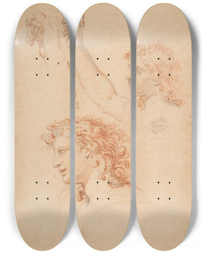 Triptych art skateboard deck of Nicolas Mignard Studies For The Archangel Gabriel_2 by Nicolas Mignard (1606-1668)