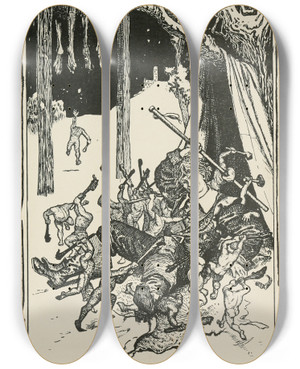 Triptych art skateboard deck of Henry Justice Ford Hans Fights The Headless Dwarfs by Henry Justice Ford (1860-1941)