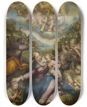 Triptych art skateboard deck of Denys Calvaert Rest During The Flight To Egypt by Denys Calvaert (1540-1619)