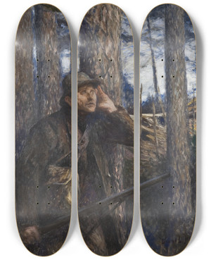 Triptych art skateboard deck of Bruno Liljefors A Poacher by Bruno Liljefors (1860-1939)