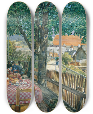 Triptych art skateboard deck of Rudolf Bernt Wirtshausgarten by Rudolf Bernt (1844-1914)