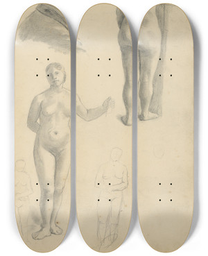 Triptych art skateboard deck of Jozef Hanula Sketchbook With Figural Studies by Jozef Hanula (1863-1944)