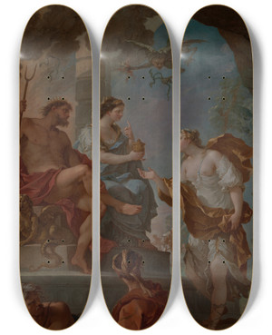Triptych art skateboard deck of Charlesjoseph Natoire Psyche In The Underworld Psyche Obtaining The Elixir Of Beauty From Proserpine by Charles Joseph Natoire (1700-1777)