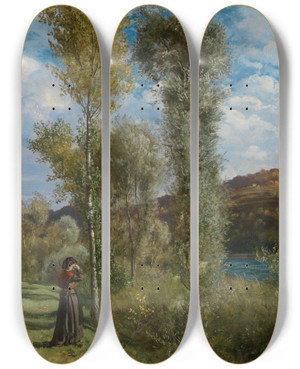 Triptych art skateboard deck of Hans Thoma Herbsttag Am Oberrhein by Hans Thoma (1839-1924)