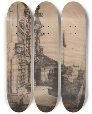 Triptych art skateboard deck of David Young Cameron The Gargoyles Stirling Castle by David Young Cameron (1865-1945)