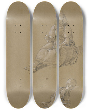 Triptych art skateboard deck of Jakob Becker Studienblatt Auf De Erde Sitzendes Bauernmdchen Schlafender Bauernjunge by Jakob Becker (1810-1872)