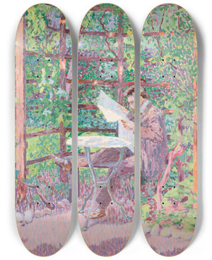 Triptych art skateboard deck of Rudolf Junk Lesender Mann In Einer Laube by Rudolf Junk (1880-1943)