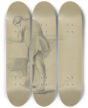 Triptych art skateboard deck of Adolph Tidemand Stende Mann Som Sttter Seg Til Bord by Adolph Tidemand (1814-1876)