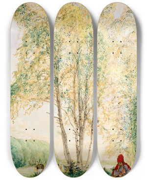 Triptych art skateboard deck of Carl Larsson Beneath The Birches by Carl Larsson (1853-1919)