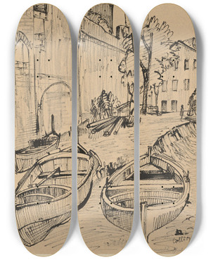 Triptych art skateboard deck of Hermann Lismann Zwei Boote Im Hafen Von Collioure by Hermann Lismann (1878-1943)