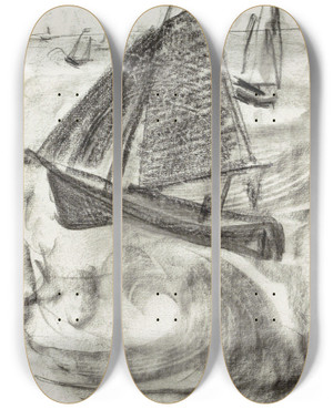 Triptych art skateboard deck of Carel Adolph Lion Cachet Zeilboten Op Open Water by Carel Adolph Lion Cachet (1864-1945)