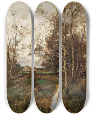 Triptych art skateboard deck of Adolf Kaufmann A Springtime Landscape With A Creek by Adolf Kaufmann (1848-1916)