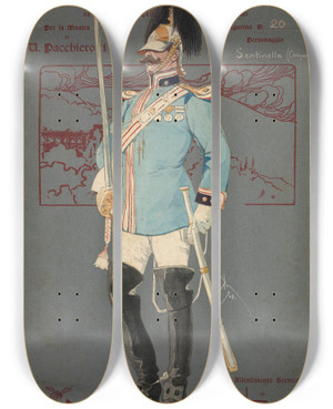 Triptych art skateboard deck of Pipein Gamba Sentinella Comparsa by Pipein Gamba (1868-1954)