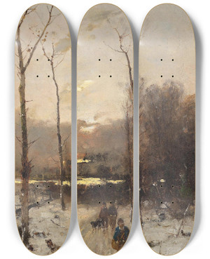 Triptych art skateboard deck of Anton Windmaier Jger Im Winterwald by Anton Windmaier (1840-1896)