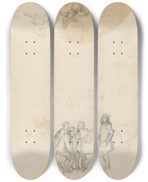 Triptych art skateboard deck of Adolph Tidemand Figurgruppe Rundt Et Bilde by Adolph Tidemand (1814-1876)