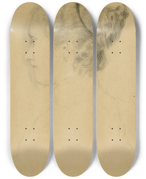 Triptych art skateboard deck of Gustav Klimt Brustbild Eines Mdchens Im Profil Nach Links by Gustav Klimt (1862-1918)