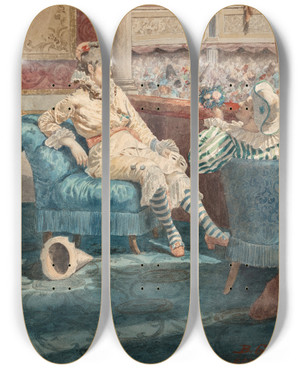 Triptych art skateboard deck of Belisario Gioja Two Figures Dressed For Carnival At A Theatre by Belisario Gioja (1829-1906)