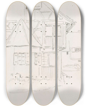Triptych art skateboard deck of Hans Gude Hus I Ermatingen by Hans Gude (1825-1903)