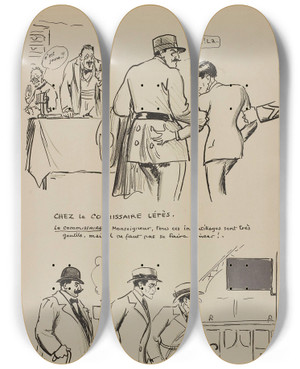 Triptych art skateboard deck of Georges Goursat Sem Chez Le Commissaire Lfs by Georges Goursat (Sem) (1863-1934)