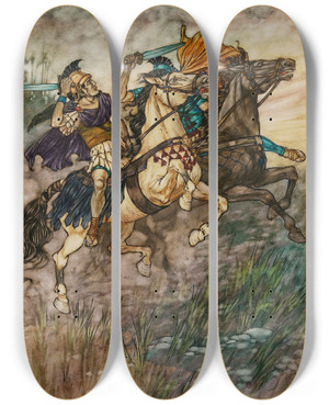 Triptych art skateboard deck of Charles Folkard These Two Brave Men Met And Fought by Charles Folkard (1878-1963)