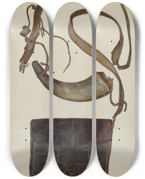 Triptych art skateboard deck of Cecil Smith Bullet Pouch And Powder Horn by Cecil Smith