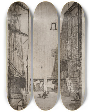 Triptych art skateboard deck of Otto Henry Bacher Ship And Elevator by Otto Henry Bacher (1856-1909)