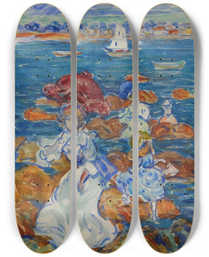 Triptych art skateboard deck of Maurice Prendergast Low Tide Figures On Rocks by Maurice Prendergast (1858-1924)