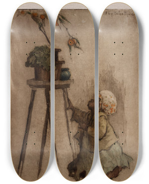 Triptych art skateboard deck of Helen Hyde Forbidden Fruit by Helen Hyde (1868-1919)