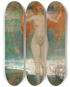 Triptych art skateboard deck of Ludwig Von Hofmann Mdchen Am Seeufer by Ludwig Von Hofmann (1861-1945)