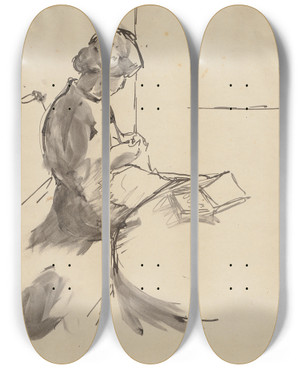Triptych art skateboard deck of Hermann Lismann Strickende Frau Auf Dem Tisch Ein Buch Liegend by Hermann Lismann (1878-1943)