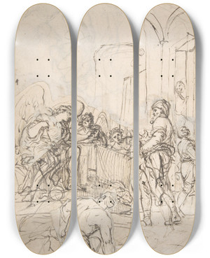 Triptych art skateboard deck of Francesco La Marra Abraham Entertaining The Three Angels by Francesco La Marra (1728-1787)