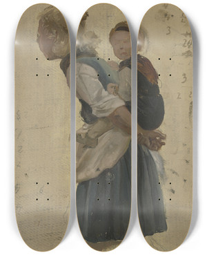 Triptych art skateboard deck of Jakob Becker Kleines Bauernmdchen Ein Anderes Huckepack Tragend by Jakob Becker (1810-1872)