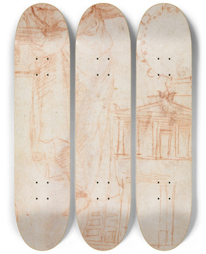 Triptych art skateboard deck of Correggio A Draped Female Figure Possibly An Amazon And Architectural Studies Verso by Correggio (1489-1534)