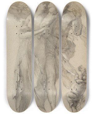 Triptych art skateboard deck of Auguste Rodin The Golden Age by Auguste Rodin (1840-1917)