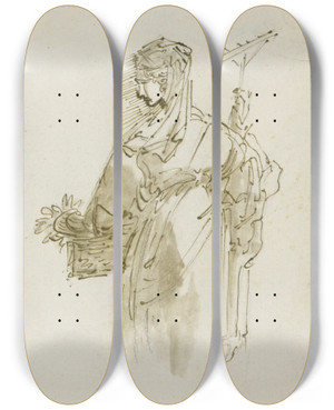 Triptych art skateboard deck of Giuseppe Bernardino Bison Study Figure For A Peasant Woman Holding A Basket And Rake by Giuseppe Bernardino Bison (1762-1844)