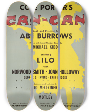 Triptych art skateboard deck of Artcraft Lithograph Cancan by Artcraft Lithograph (1905-1970)
