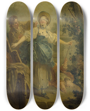 Triptych art skateboard deck of Jeanhonor Fragonard Le Colinmaillard by Jean-Honor Fragonard (1732-1806)