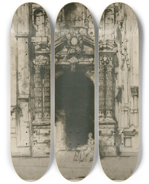 Triptych art skateboard deck of David Young Cameron Harfleur by David Young Cameron (1865-1945)