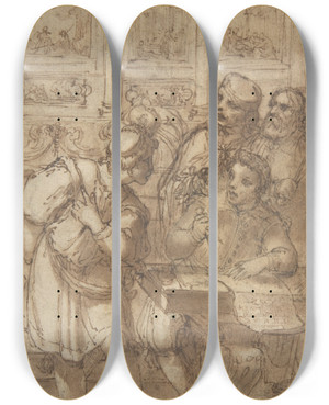 Triptych art skateboard deck of Agostino Tassi Architect In His Study Holding A Compass And Conversing With Three Men by Agostino Tassi (1578-1644)