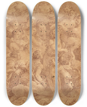 Triptych art skateboard deck of Charles Nicolas Cochin Ii Lorigine Des Grces Frontispice Et Le Cortge De Bacchus by Charles Nicolas Cochin Ii (1715-1790)