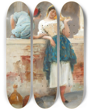 Triptych art skateboard deck of Eugen Von Blaas Flirtation_2 by Eugen Von Blaas (1843-1931)