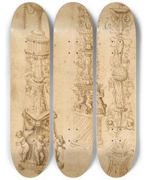 Triptych art skateboard deck of Domenico Campagnola Studies Of Three Candlesticks by Domenico Campagnola (1500-1564)
