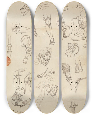 Triptych art skateboard deck of Robert Smirke Studies For Armour by Robert Smirke (1752-1845)