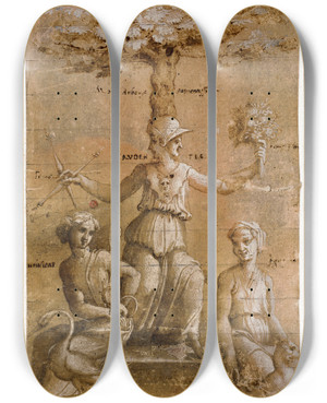 Triptych art skateboard deck of Baldassare Peruzzi An Allegory Of Prudence by Baldassare Peruzzi (1481-1536)