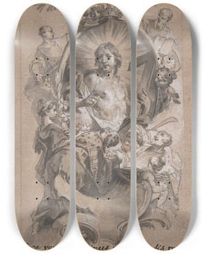 Triptych art skateboard deck of Johann Wolfgang Baumgartner Christ In Glory by Johann Wolfgang Baumgartner (1712-1761)