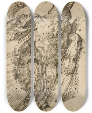 Triptych art skateboard deck of Bartolomeo Passarotti Study Of An Eagle by Bartolomeo Passarotti (1529-1592)